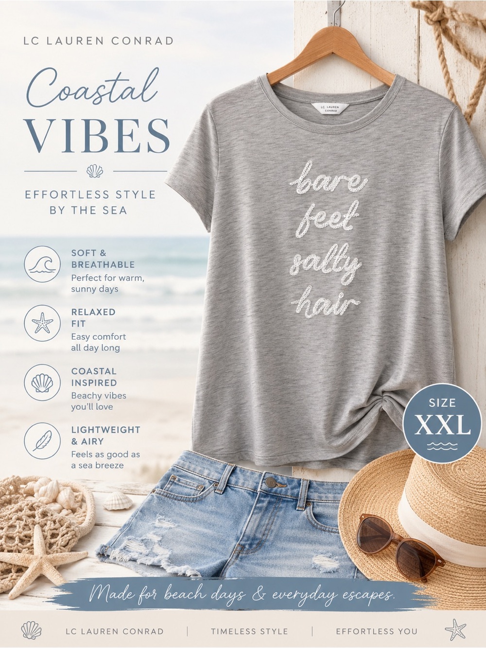 LC Lauren Conrad Grey 'Bare Feet Salty Hair' Graphic Tee